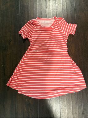 Striped Coral and White Short-Sleeve Girls' Dress